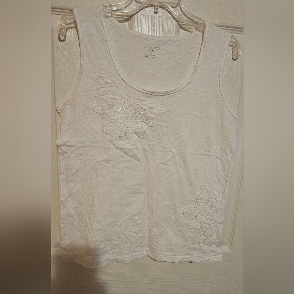Talbots White Sleeveless Embelished Tank Top Sz M